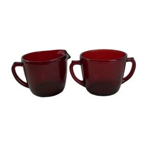 Anchor Hocking Royal Ruby Red Open Sugar Bowl & Creamer Set Vintage Glass Preown